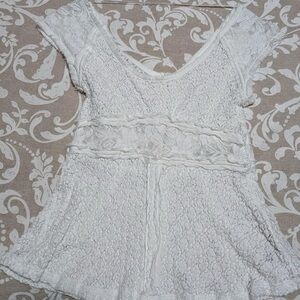 Free People White Babydoll Peplum Lace Sheer Textured Blouse XS